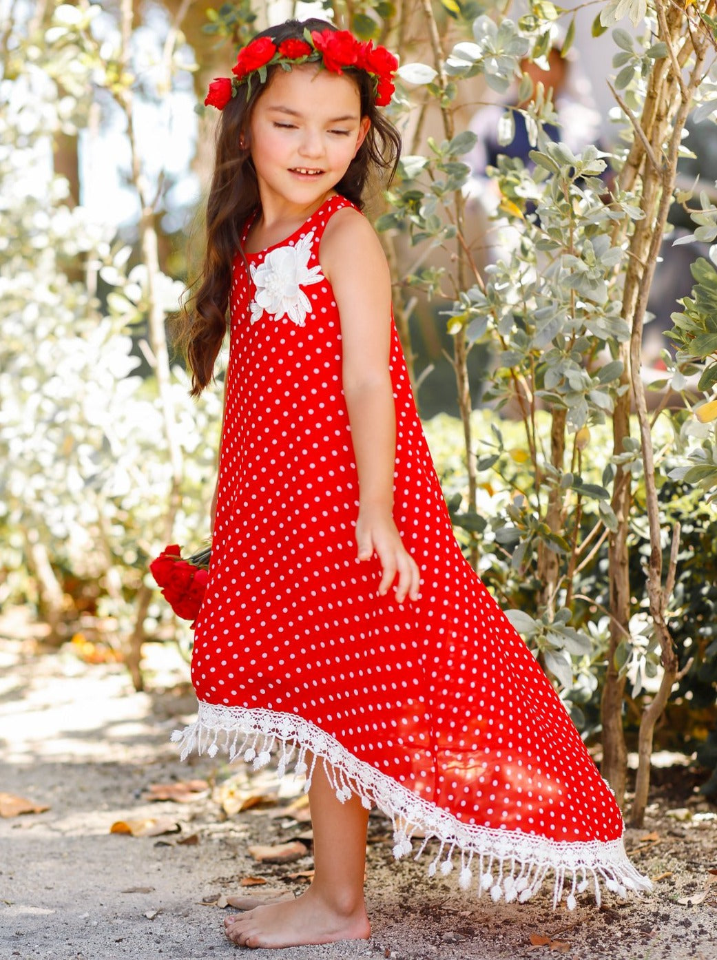 Girls Boho Polka Dot Hi-Lo Fringe Hem Maxi Dress - Mia Belle Girls