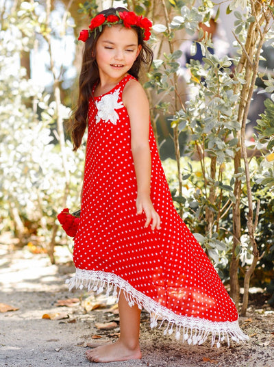 Girls Boho Polka Dot Hi-Lo Fringe Hem Maxi Dress - Mia Belle Girls