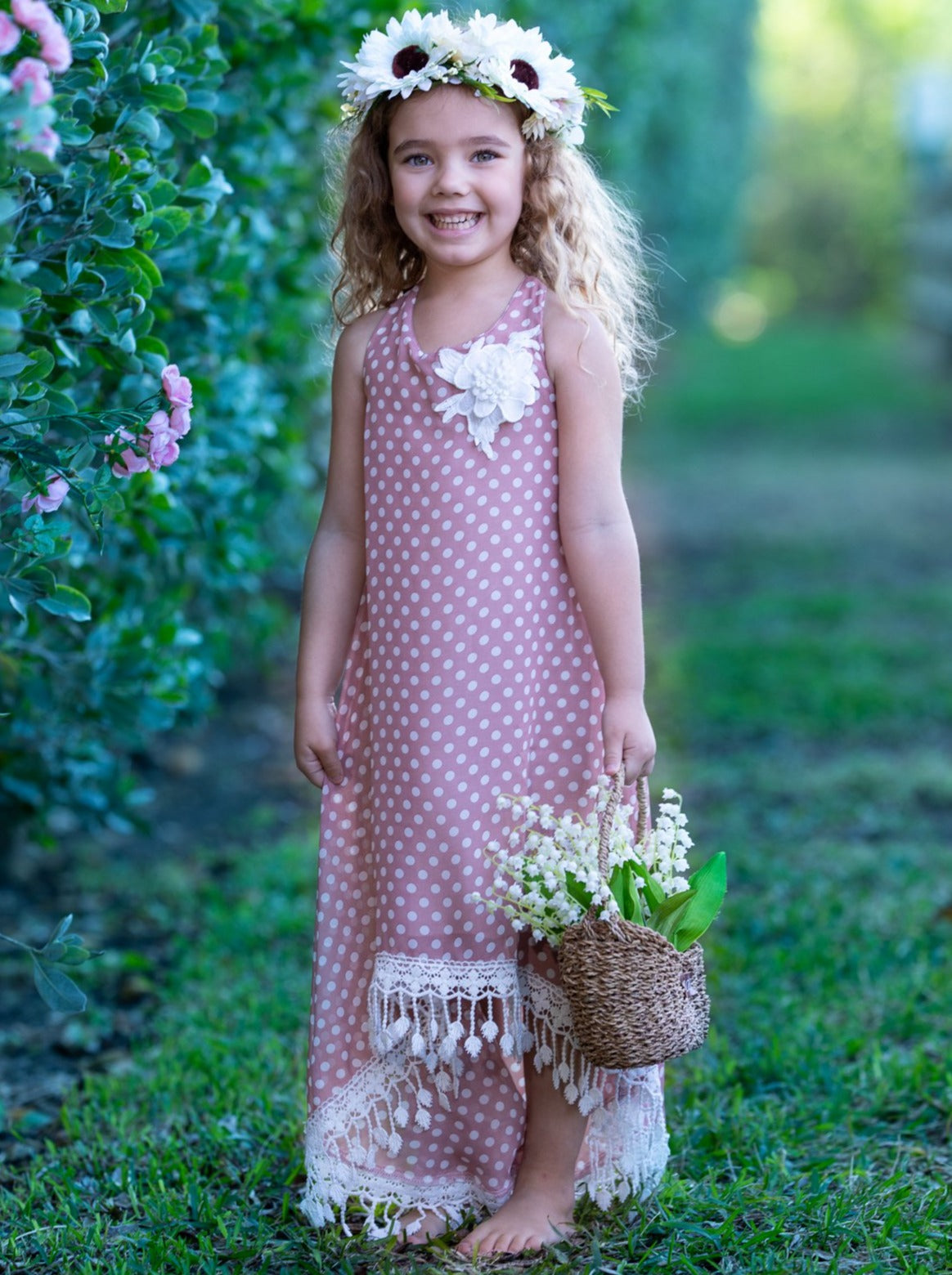 Girls Boho Polka Dot Hi-Lo Fringe Hem Maxi Dress - Mia Belle Girls