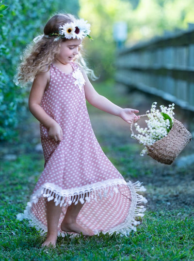 Girls Boho Polka Dot Hi-Lo Fringe Hem Maxi Dress - Mia Belle Girls
