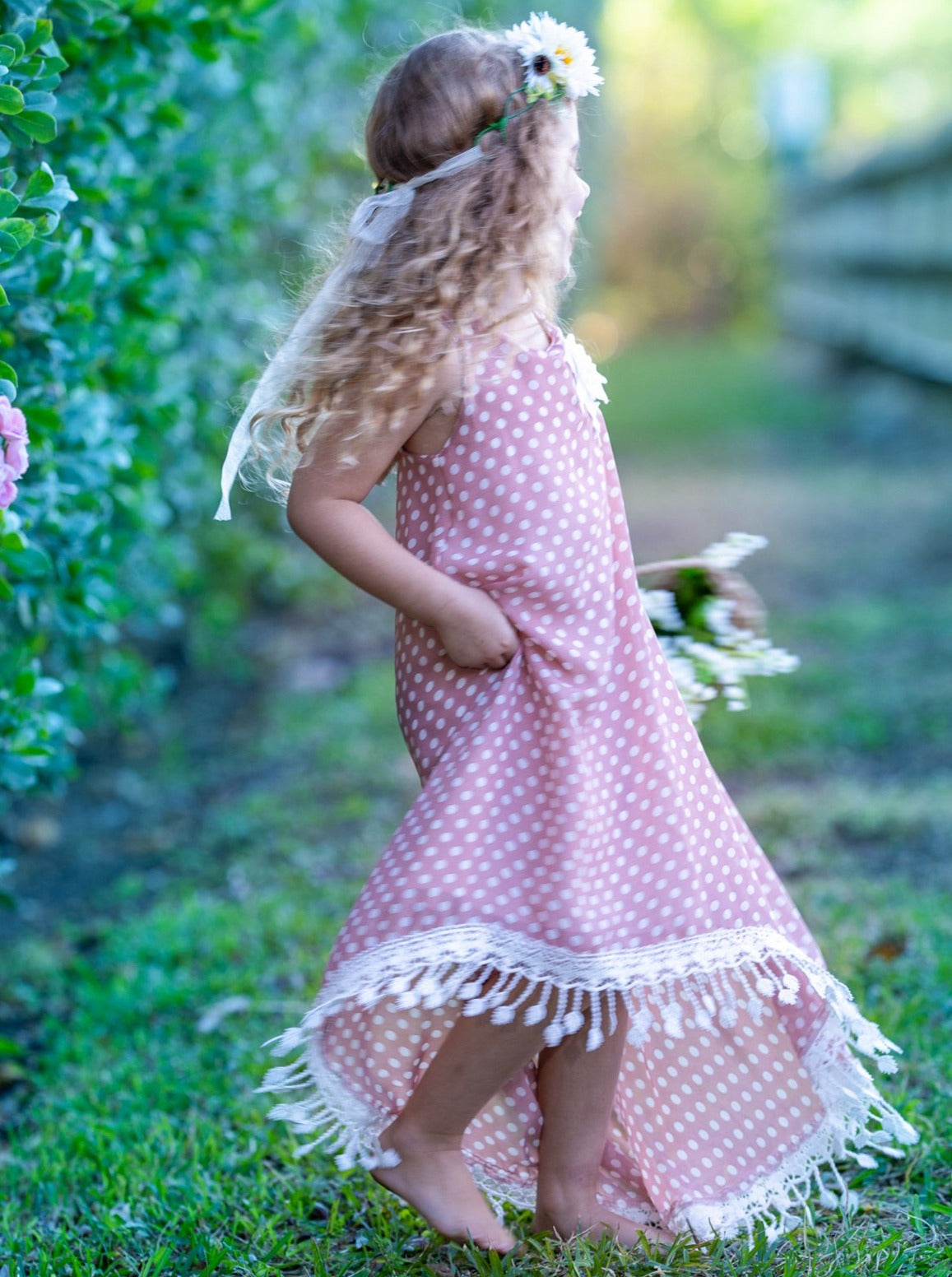 Girls Boho Polka Dot Hi-Lo Fringe Hem Maxi Dress - Mia Belle Girls