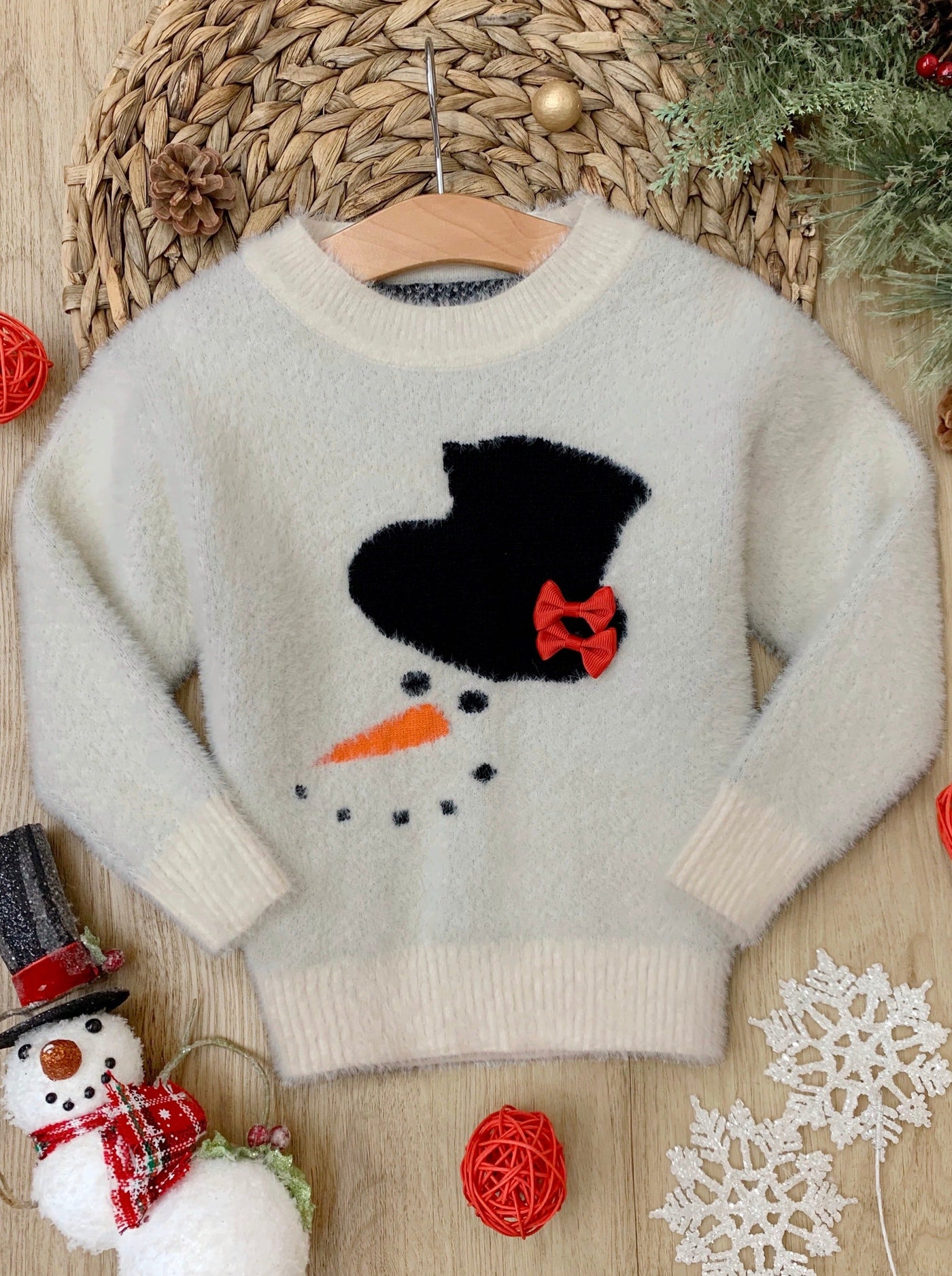 Winter Tops For Girls |Top Hat Snowman Fuzzy Sweater | Mia Belle Girls
