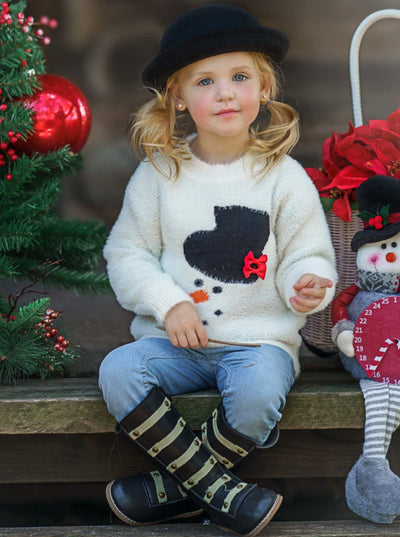 Winter Tops For Girls |Top Hat Snowman Fuzzy Sweater | Mia Belle Girls