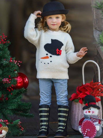 Winter Tops For Girls |Top Hat Snowman Fuzzy Sweater | Mia Belle Girls