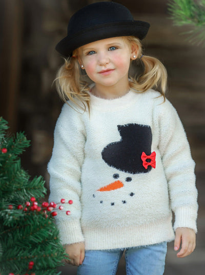 Winter Tops For Girls |Top Hat Snowman Fuzzy Sweater | Mia Belle Girls