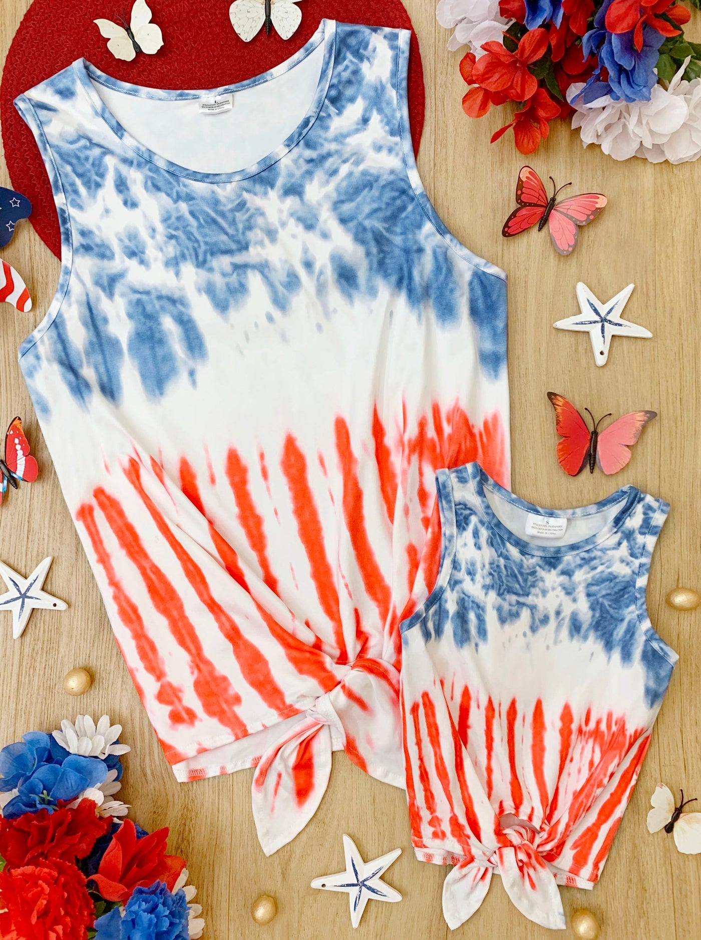 Mommy & Me 4th Of July Tops | Tie Dye American Flag Knot Hem Tank Top