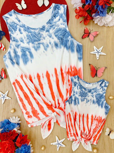 Mommy & Me 4th Of July Tops | Tie Dye American Flag Knot Hem Tank Top
