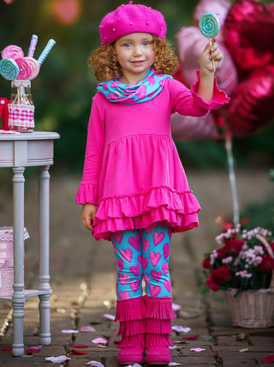 Kids Valentine's Clothes | Tunic, Heart Print Scarf & Legging Set