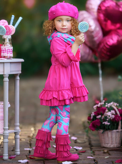 Kids Valentine's Clothes | Tunic, Heart Print Scarf & Legging Set