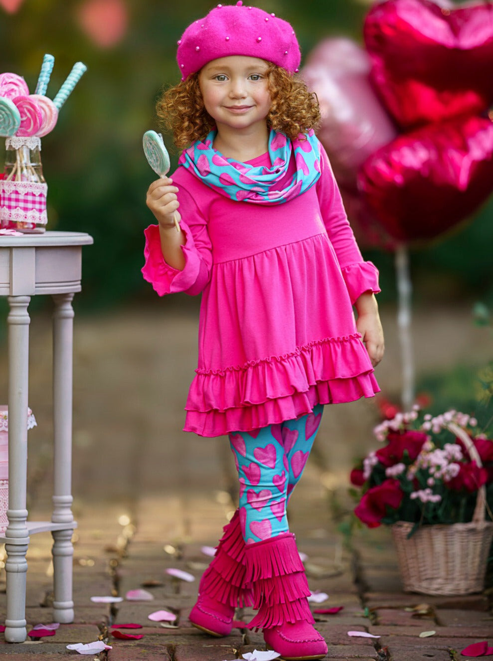 Kids Valentine's Clothes | Tunic, Heart Print Scarf & Legging Set