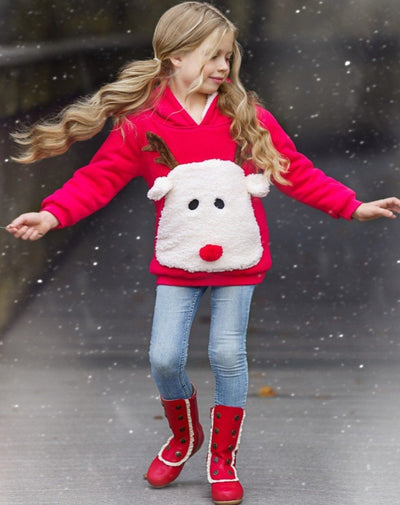Cozy Winter Sweaters | Girls Plush Fleece Lined Reindeer Hoodie