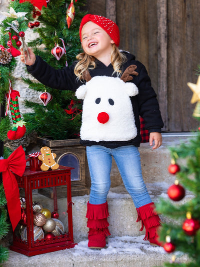 Cozy Winter Sweaters | Girls Plush Fleece Lined Reindeer Hoodie