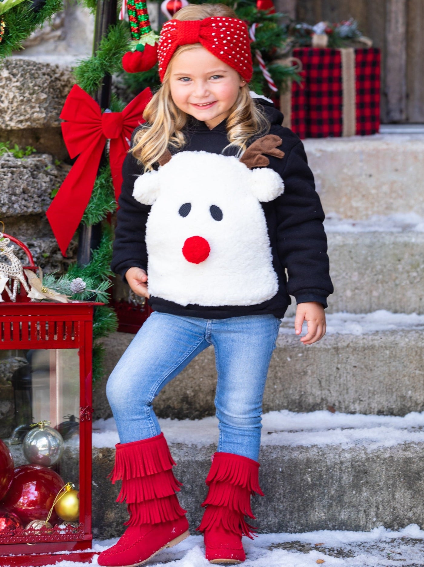 Cozy Winter Sweaters | Girls Plush Fleece Lined Reindeer Hoodie