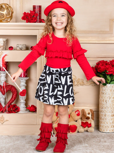 Kids Valentine's Clothes | Girls Ruffled Top & Love Buttoned Skirt Set