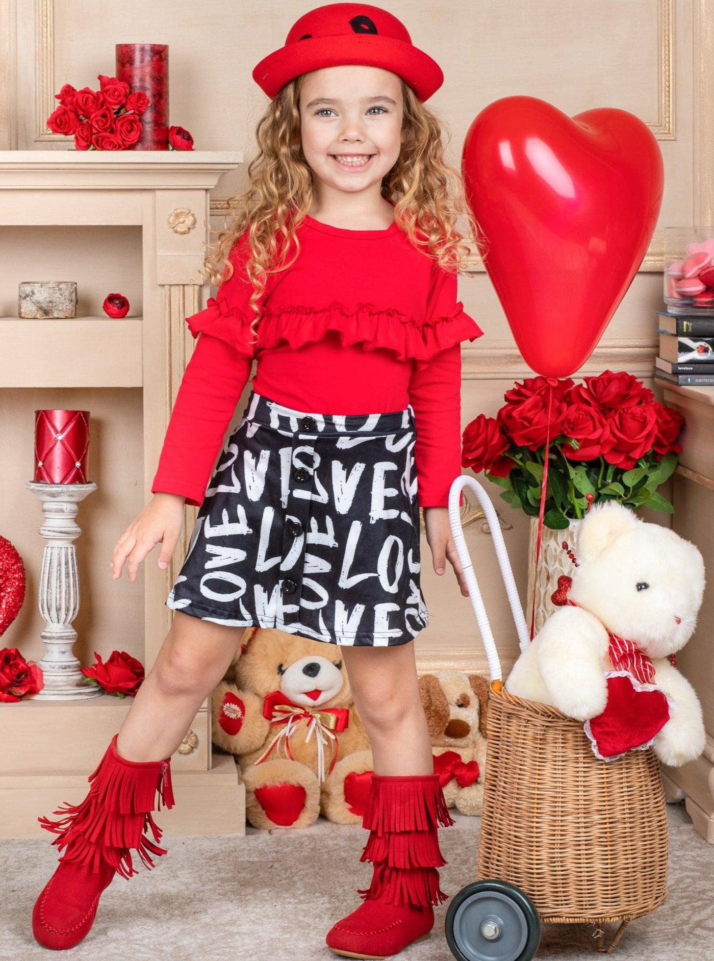 Kids Valentine's Clothes | Girls Ruffled Top & Love Buttoned Skirt Set
