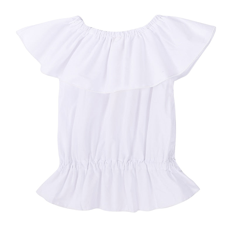 Girls Spring Outfits | Ruffle Bib White Top & Ripped Jeans Set