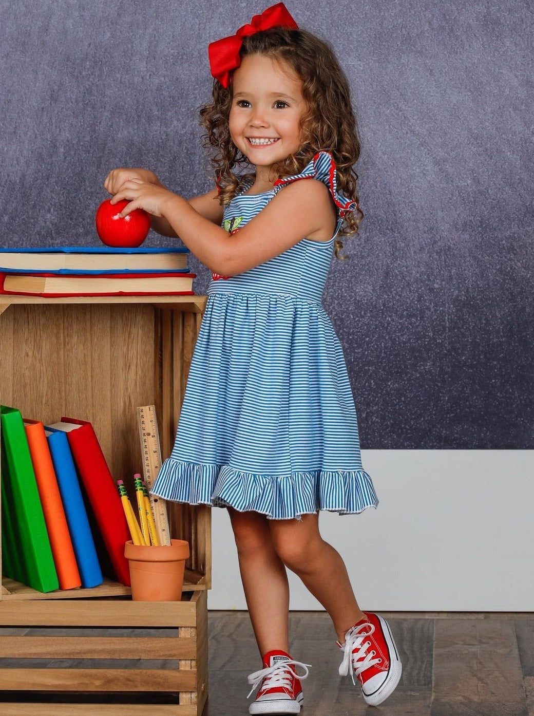 1st Day Of School | Striped Apple Ruffle Dress | Mia Belle Girls