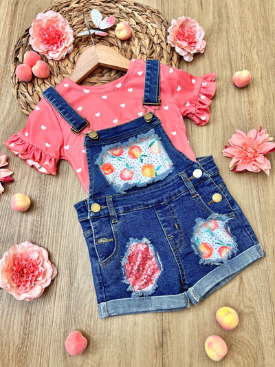 Spring Clothes | Girls Polka Dot Heart Top & Patched Overall Shorts