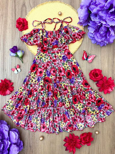 Kids Spring Clothes | Floral Ruffle Bib Cold Shoulder Hi-Lo Sundress