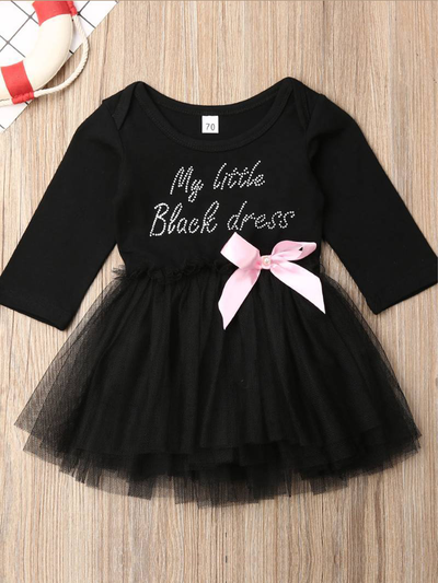 tutu dress has a long sleeved black bodice with "My Little Black Dress" in rhinestones and a tutu skirt