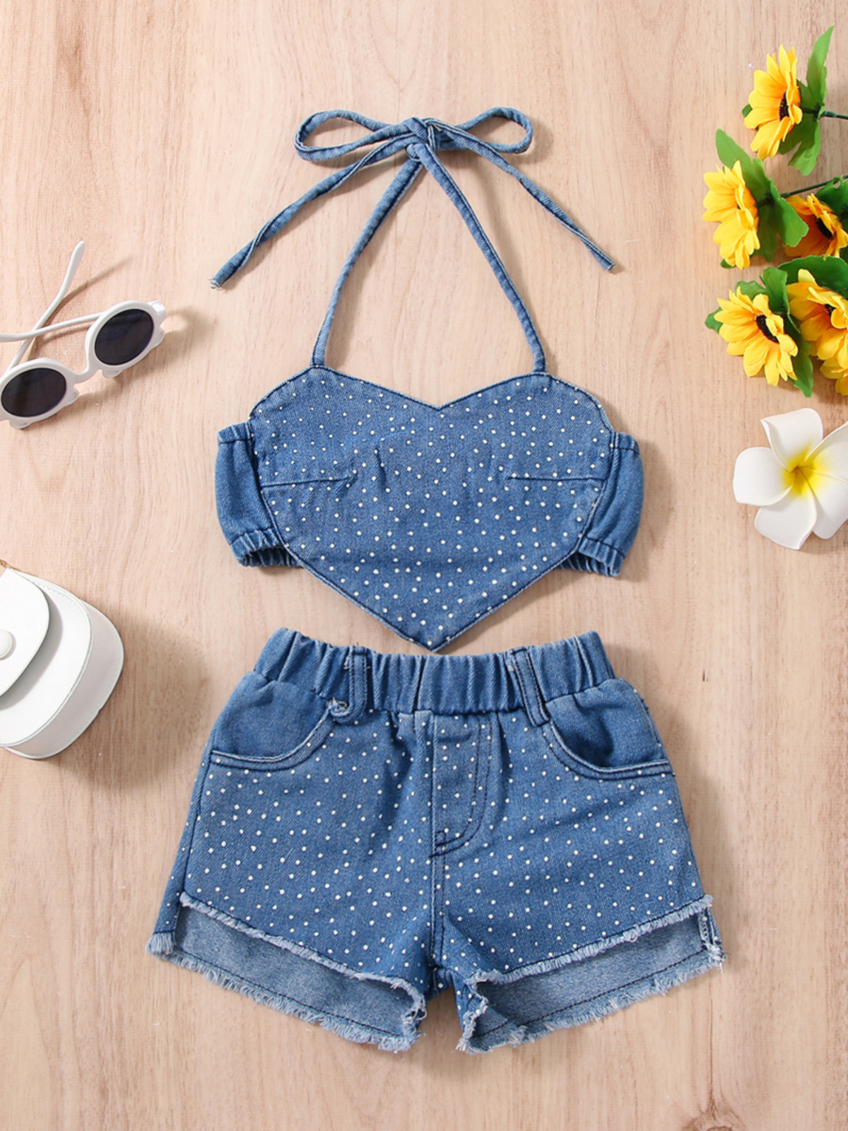 Heart-Shaped Vibe Denim Shorts Set