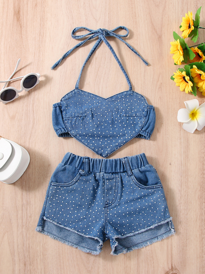 Heart-Shaped Vibe Denim Shorts Set