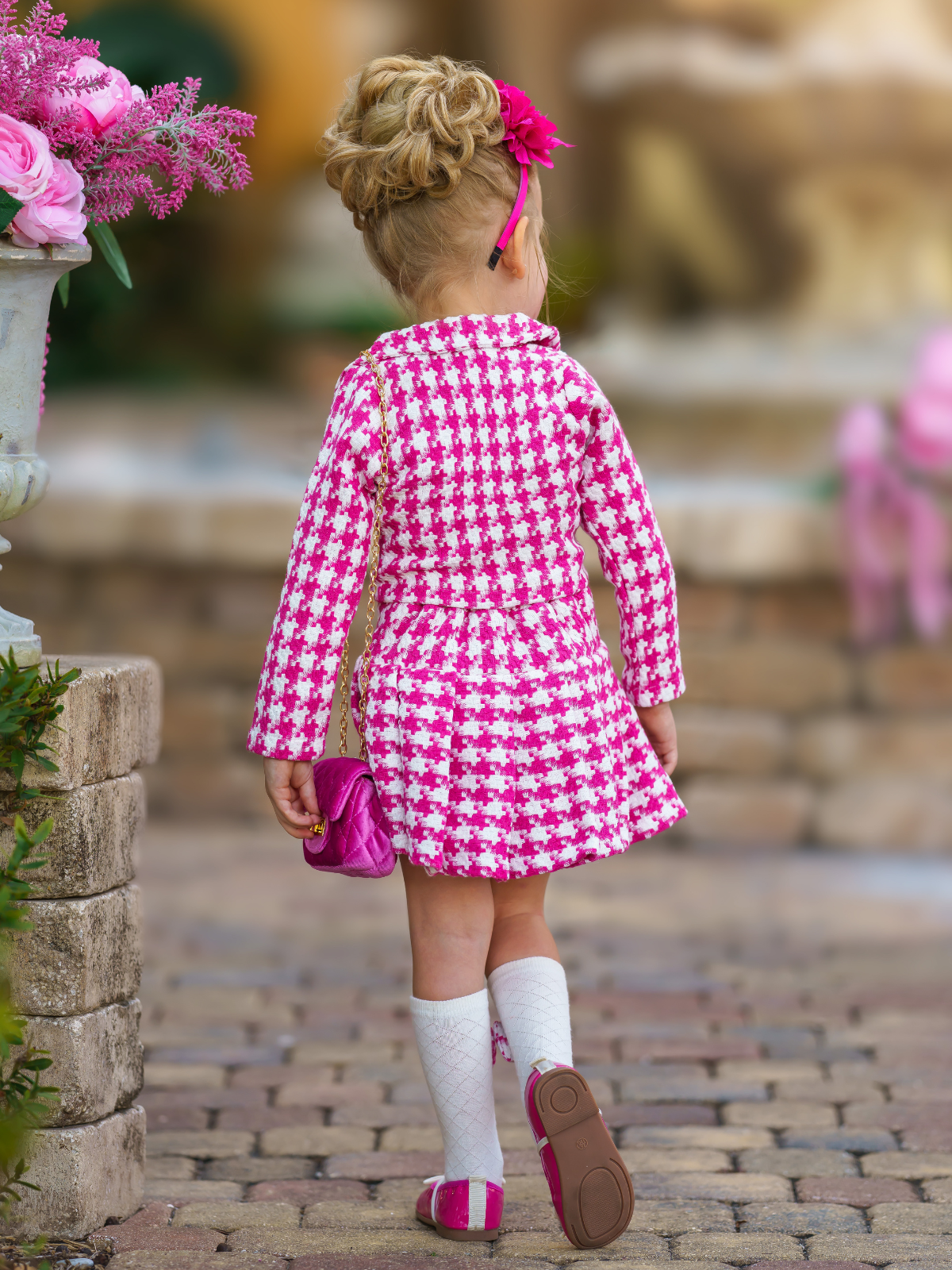 Winter Dressy Sets | Girls Pink Houndstooth Blazer & Pleated Skirt Set