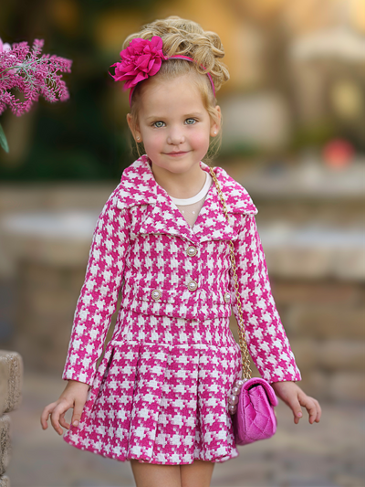 Winter Dressy Sets | Girls Pink Houndstooth Blazer & Pleated Skirt Set