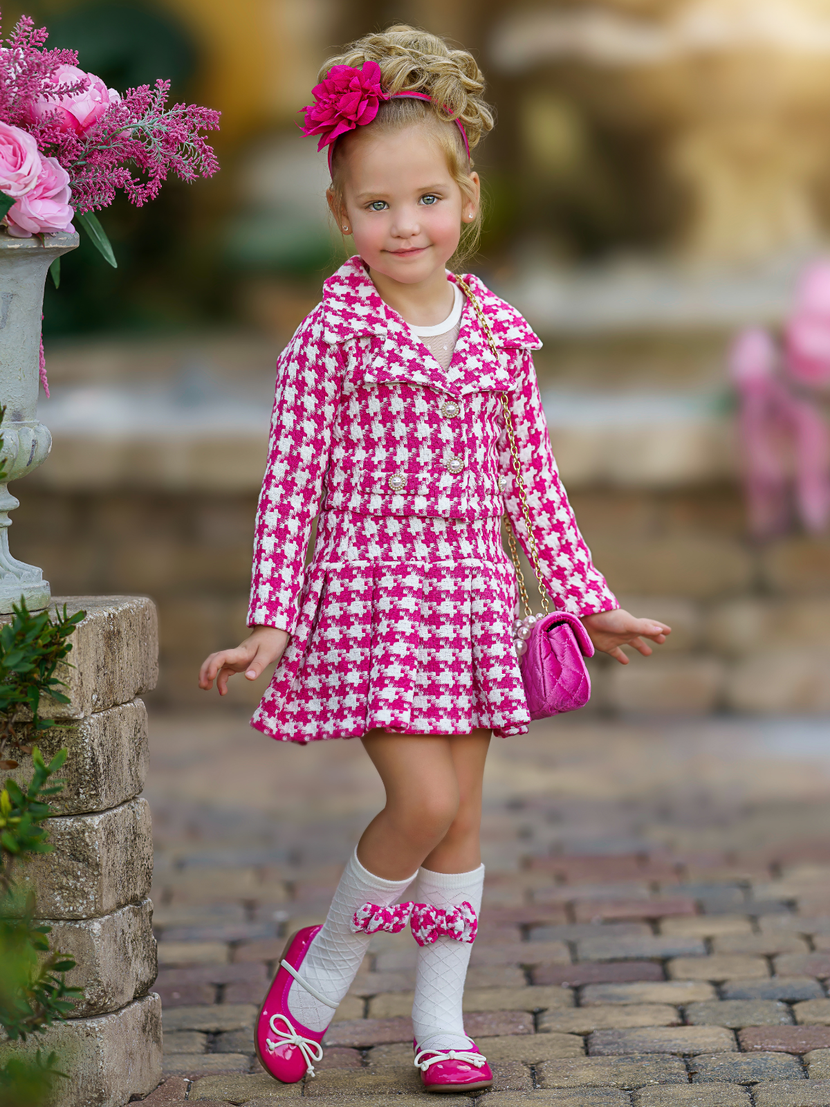 Winter Dressy Sets | Girls Pink Houndstooth Blazer & Pleated Skirt Set