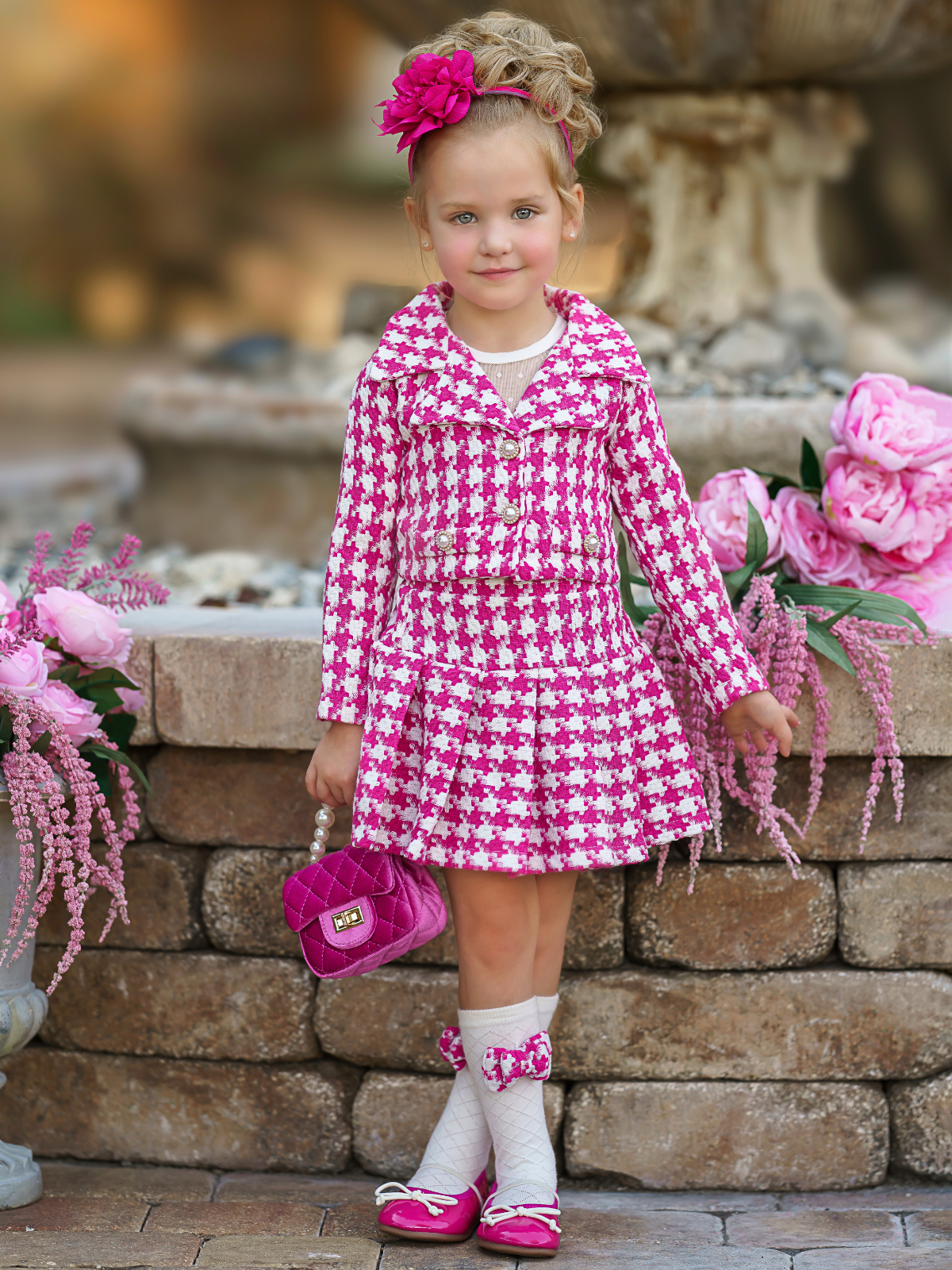 Winter Dressy Sets | Girls Pink Houndstooth Blazer & Pleated Skirt Set