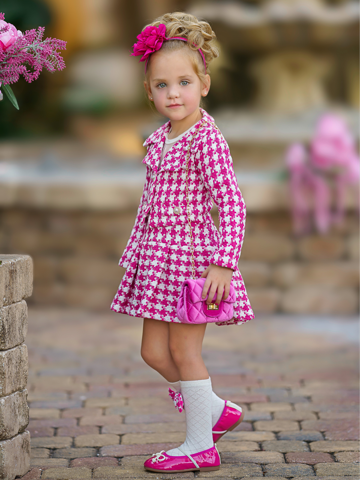 Winter Dressy Sets | Girls Pink Houndstooth Blazer & Pleated Skirt Set