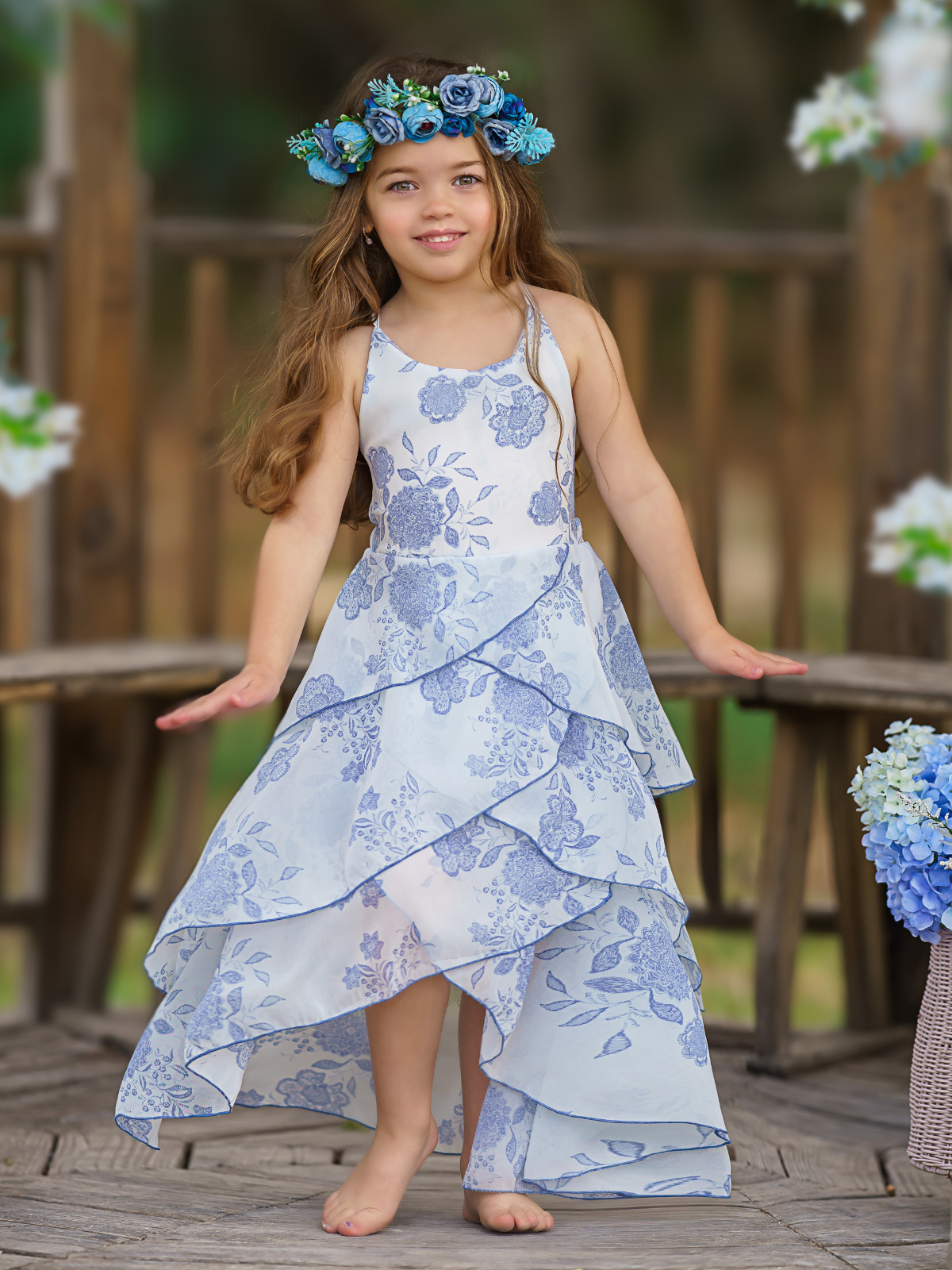 Toddler Spring Dresses | Girls Sleeveless Blue Floral Tiered Dress