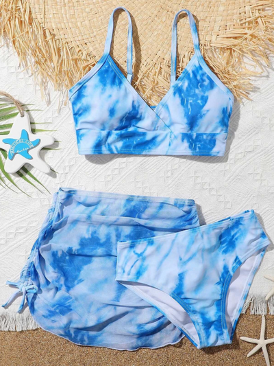 Kids Resort Swimwear | Little Girls Blue Tie Dye Three Piece Swimsuit