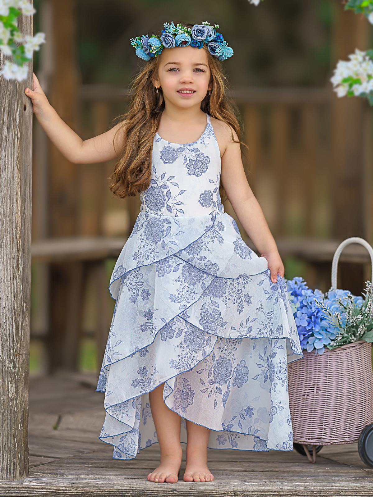 Toddler Spring Dresses | Girls Sleeveless Blue Floral Tiered Dress