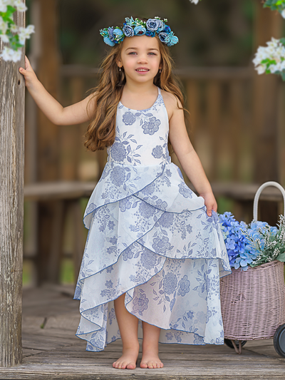 Toddler Spring Dresses | Girls Sleeveless Blue Floral Tiered Dress