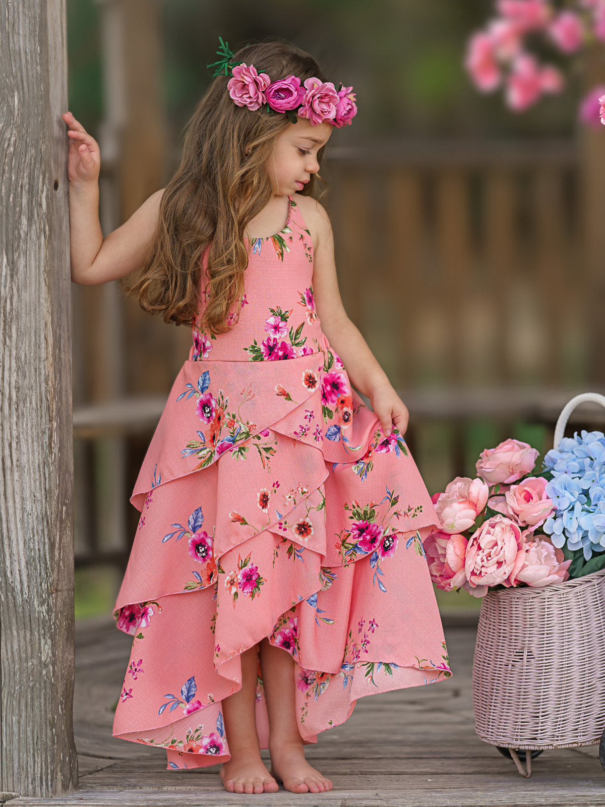 Toddler Spring Dresses | Girls Sleeveless Coral Floral Tiered Dress