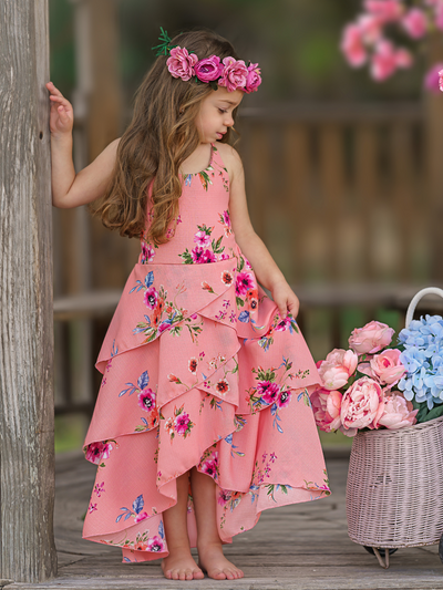 Toddler Spring Dresses | Girls Sleeveless Coral Floral Tiered Dress