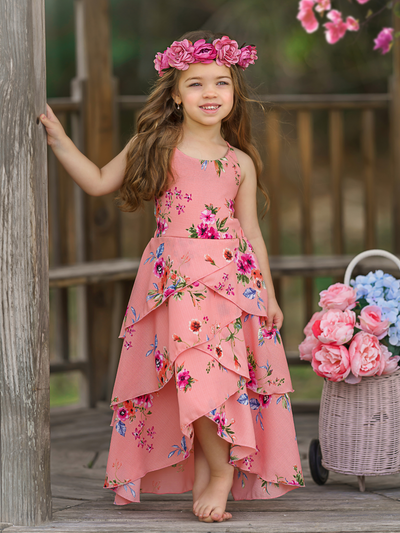 Toddler Spring Dresses | Girls Sleeveless Coral Floral Tiered Dress