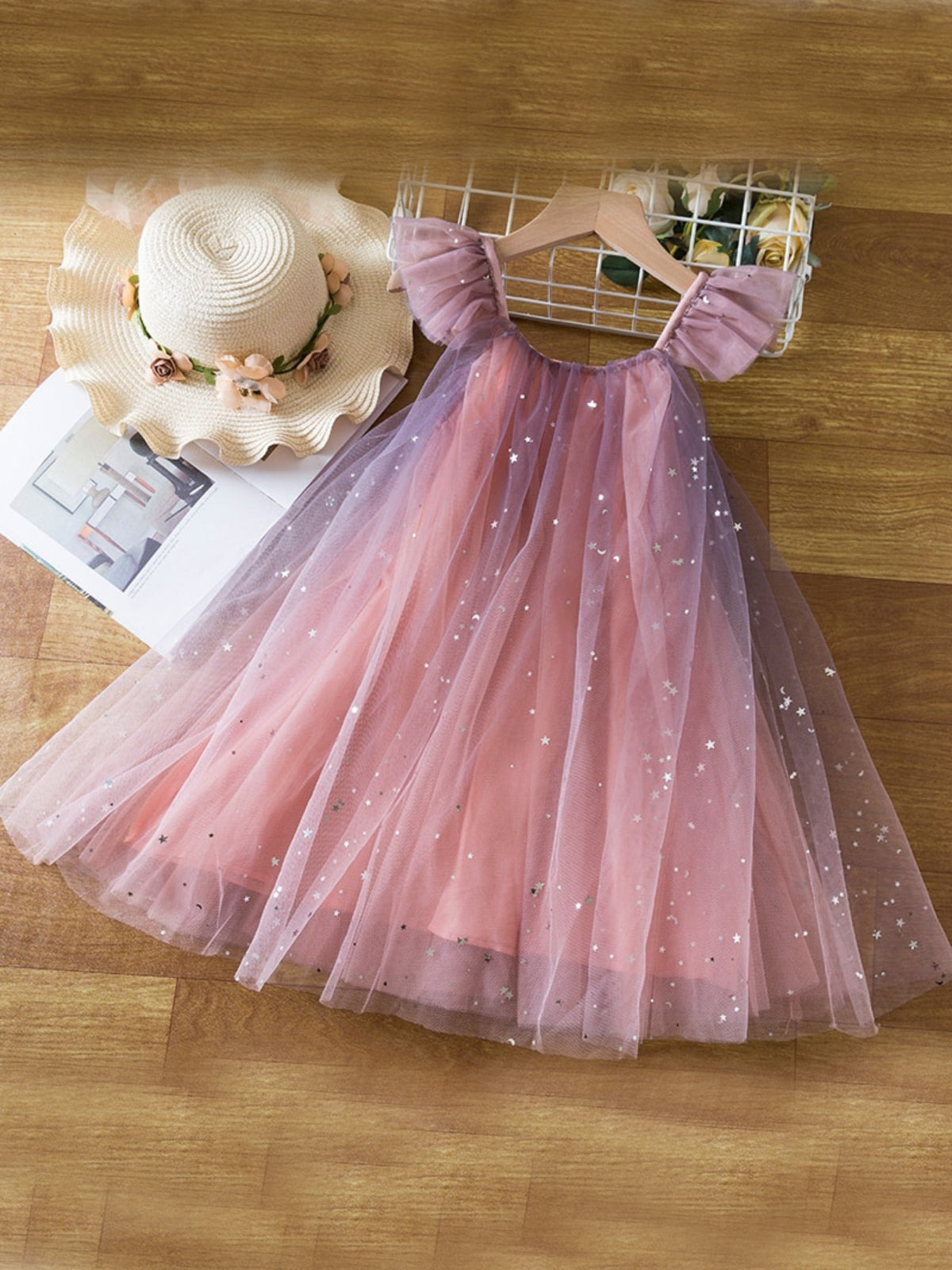 Sparkling Star Flutter Sleeve Tulle Dress
