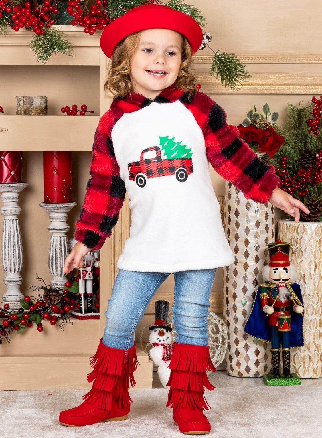 Girls Winter Sweater | Christmas Tree Truck Fleece Plaid Raglan Hoodie
