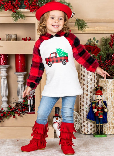 Girls Winter Sweater | Christmas Tree Truck Fleece Plaid Raglan Hoodie