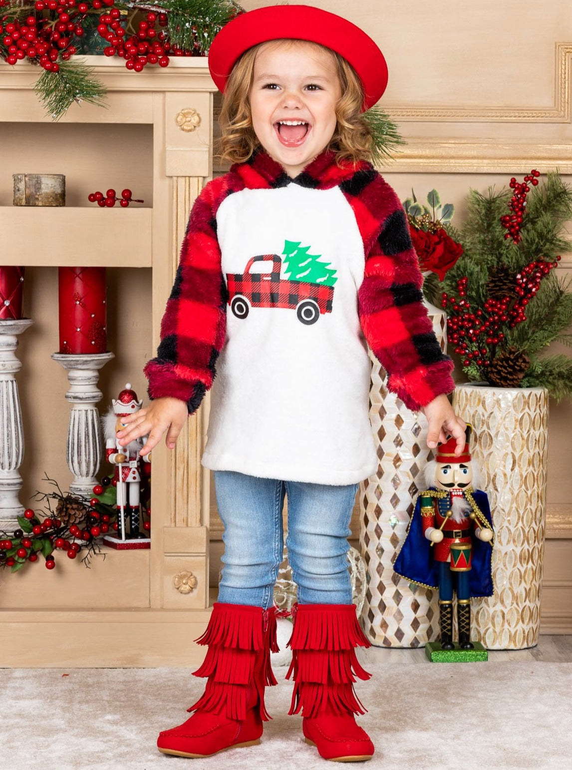 Girls Winter Sweater | Christmas Tree Truck Fleece Plaid Raglan Hoodie