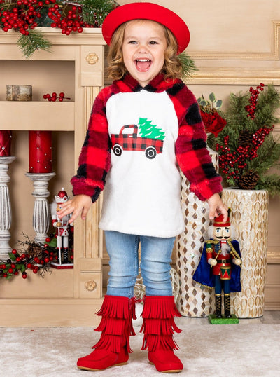 Girls Winter Sweater | Christmas Tree Truck Fleece Plaid Raglan Hoodie