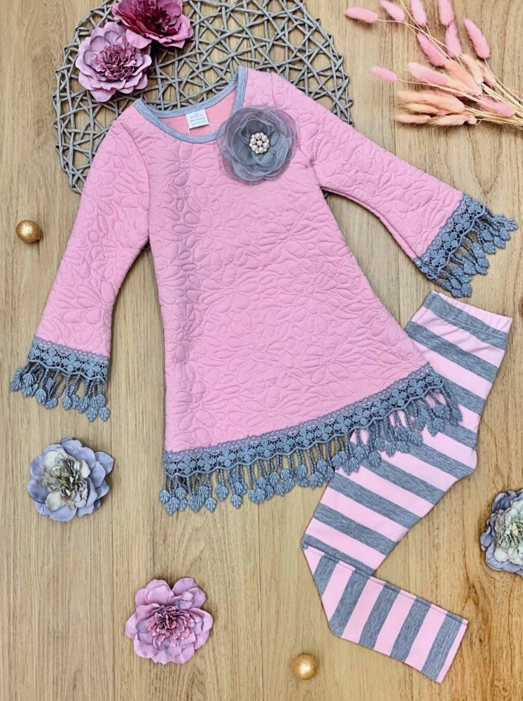 Girls Long Sleeve Crochet Trimmed Tunic & Matching Legging Set