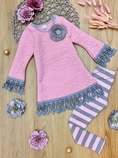 Girls Long Sleeve Crochet Trimmed Tunic & Matching Legging Set