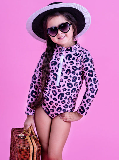 Toddler Rash Guard Swimsuit | Girls Leopard Zipper One Piece Swimsuit