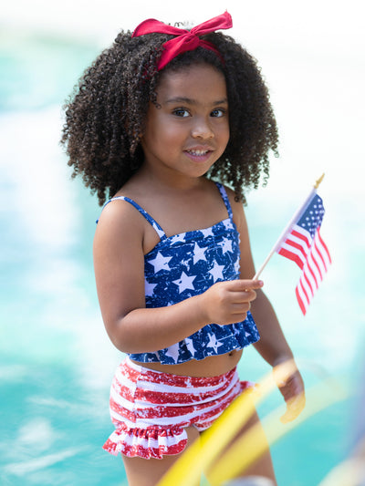 Kids 4th of July Swimwear | Girls Ruffle Tankini Two Piece Swimsuit