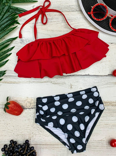 Kids Swimsuits | Girls Ruffled Top & Polka Dot Two Piece Swimsuit
