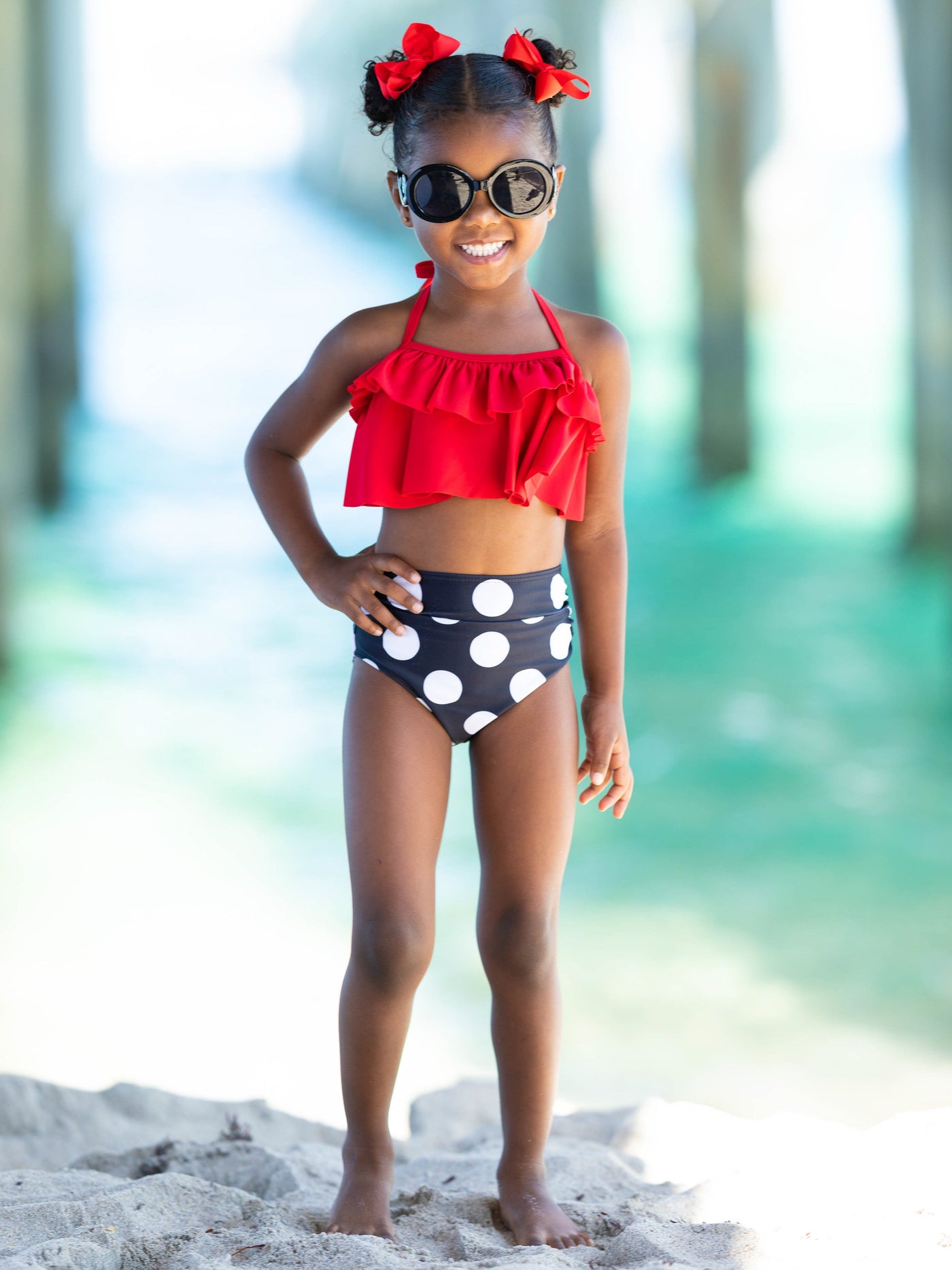 Kids Swimsuits | Girls Ruffled Top & Polka Dot Two Piece Swimsuit