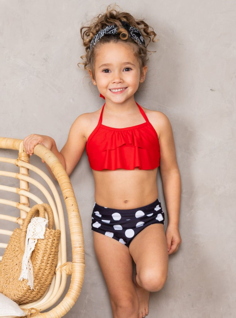 Kids Swimsuits | Girls Ruffled Top & Polka Dot Two Piece Swimsuit